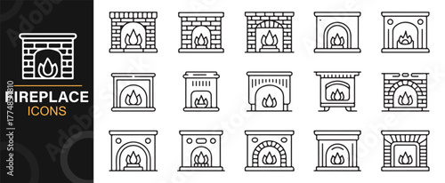 Black and white fireplace vector collection with different architectural mantel styles.