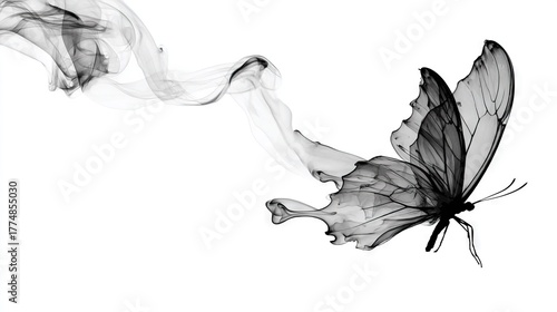  A monochromatic image of a butterfly with smoke emanating from its back wings and tips