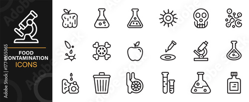 Outline icons for food safety, microbiology, contamination testing, and laboratory analysis.