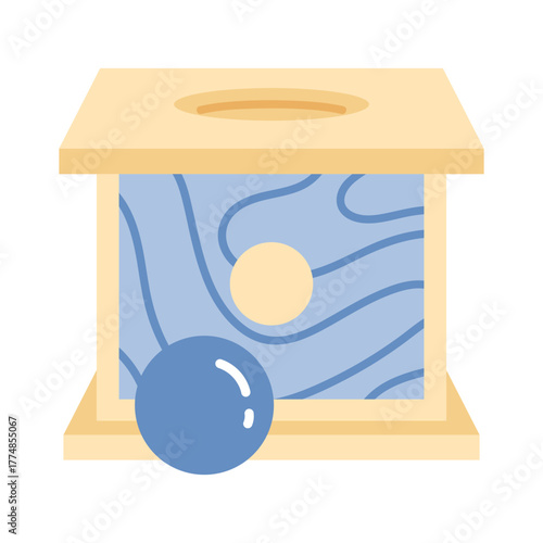 Wooden drop box toy with ball. Educational toy for toddlers to develop motor skills, hand-eye coordination, and logical thinking. Isolated vector illustration in cartoon style.