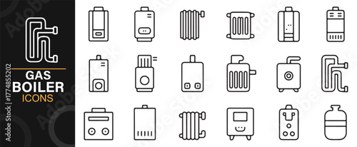 Boiler and radiator linear icon collection for engineering, thermal, and power systems.