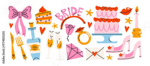 Bachelorette party icons and girls night elements in retro cartoon. Bride dress, cake, champagne glasses, disco ball. Fun celebration composition for bridal shower and wedding party illustration