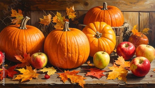 Autumn Harvest - Pumpkins, Apples, and Maple Leaves on Rustic Wood.