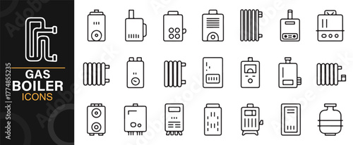 Plumbing and home heating equipment line icons with radiator and furnace illustrations.