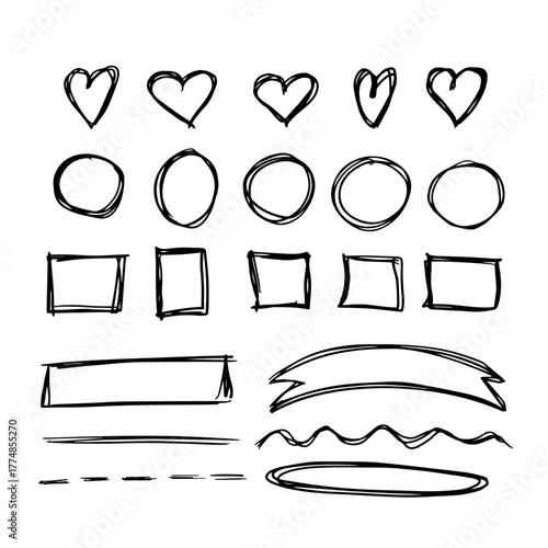 Hand-drawn doodle shapes hearts, circles, squares, rectangles, ribbons, and lines