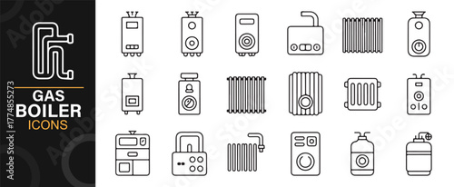 Minimalist heating system vector icon pack including gas boilers and industrial elements.