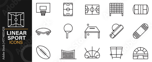 Vector illustration of linear sports symbols including arena, court, and ball outline designs.
