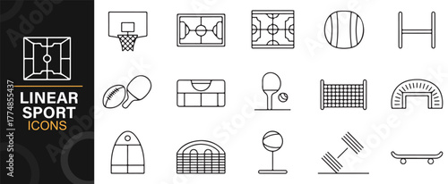 Vector illustration of linear sports symbols including arena, court, and ball outline designs.
