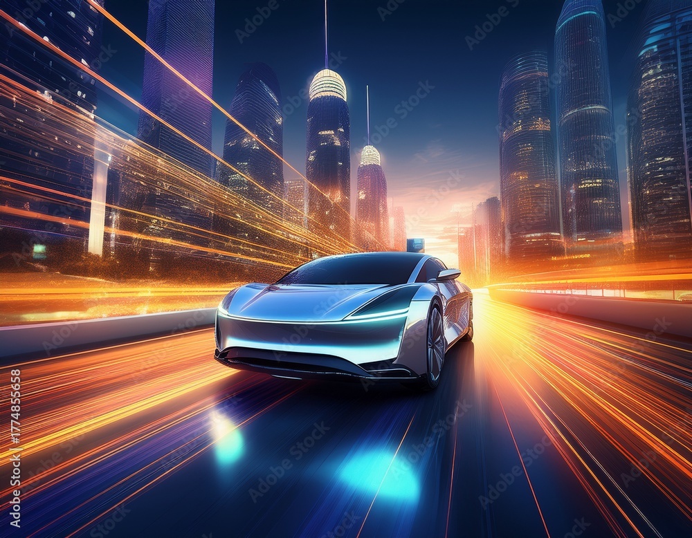 Fototapeta premium photo panorama background of modern electric ev car driving into a modern city with streak lights high technology automotive theme generative ai