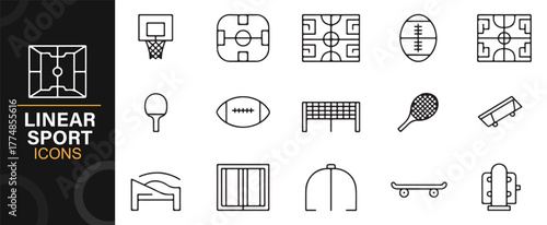Set of sports line icons representing fitness, competition, and athletic game elements.