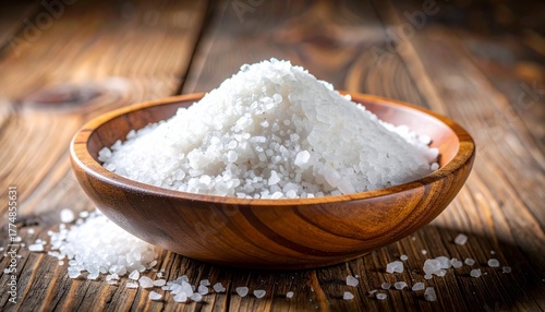 A rustic wooden bowl brimming with coarse white sea salt sits on a weathered wood surface