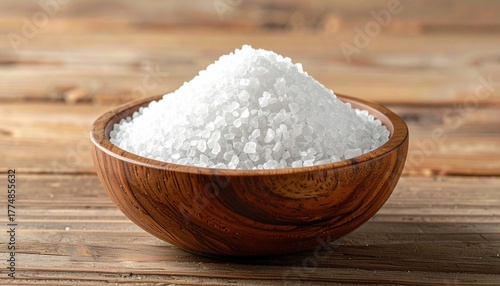 A rustic wooden bowl brimming with coarse white sea salt sits on a weathered wood surface