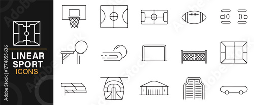 Outline vector icons of sports including basketball, football, tennis, and volleyball designs.