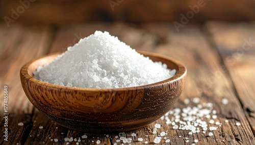 A rustic wooden bowl brimming with coarse white sea salt sits on a weathered wood surface