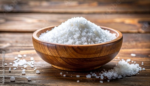 A rustic wooden bowl brimming with coarse white sea salt sits on a weathered wood surface