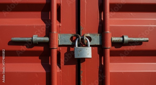 Weathered steel padlock securing the corrugated metal door of a vibrant red cargo container, emphasizing industrial storage and security ,door, closure, freight