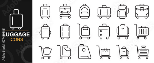 Line icon pack representing travel luggage, tourism, and transportation equipment.