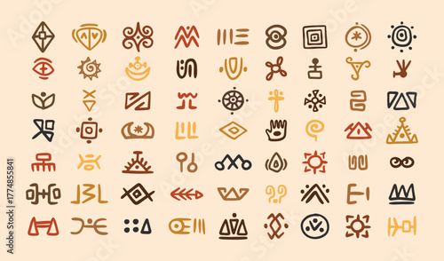 African tribal symbols Abstract geometric shapes doodle decoration set. Ethnic boho elements collection. Colorful mayan hand drawn design. 