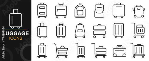 Outline design icons of travel suitcases, carry bags, and rolling luggage in vector format.