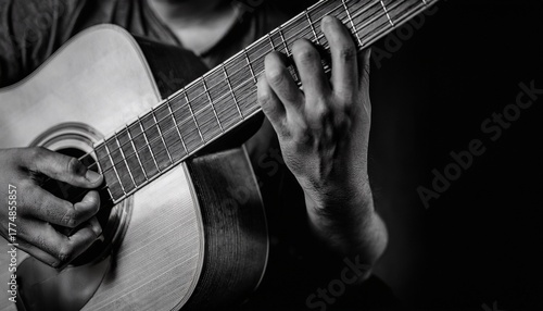 close up of a guitarist s hands playing an acoustic guitar the image is in black and white creating a dramatic and timeless feel