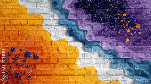   A vibrant mural adorns a brick wall, featuring swirling hues of blue, yellow, orange, and purple