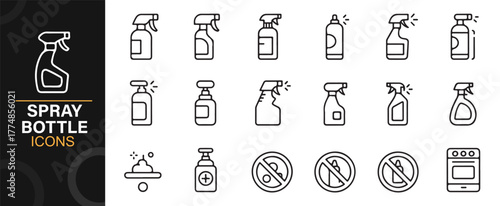 Outline spray bottle vector pack for home hygiene, cleaning tools, and disinfectant solutions.