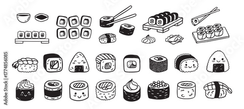 Sushi funny doodle set. Japanese hand drawn Food Sketch Icons. Kawaii drawing