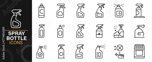 Collection of linear cleaning product icons including detergent and trigger spray bottles.