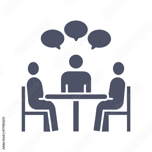 Minimalist monochrome icon shows people sitting and discussing ideas during a meeting