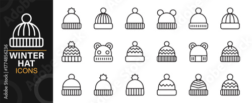 Linear winter hat icon collection showing beanies, pom-pom caps, and wool knitted designs.