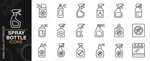 Linear spray bottle icon set featuring cleaning tools, disinfectant containers, and hygiene supplies.