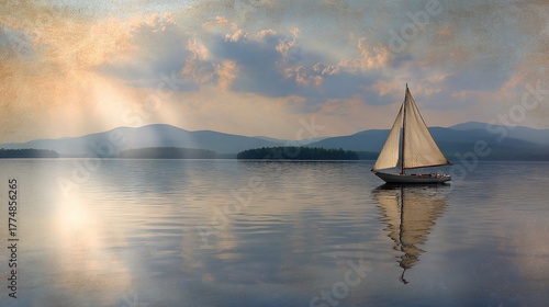   A sailboat bobbing on a lake's serene surface, bathed in golden light filtering through wispy clouds