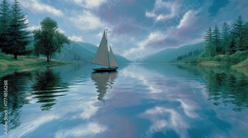   A sailboat on a serene lake is depicted against majestic mountain ranges in the background, with fluffy clouds scattering across the tranquil water