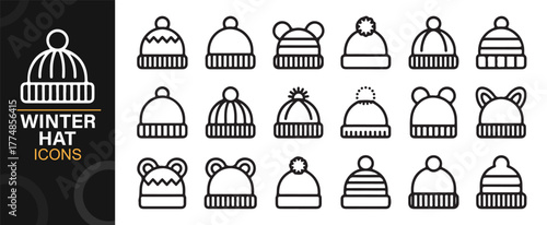 Minimalist line art of winter beanies and fashion headwear icons for clothing illustration.