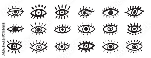 Grunge eyes hand drawn doodle icon set. Open black eyes with bold line. Monochrome eye element