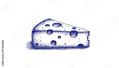 Vintage sketch of blue ink cheese slice on white background  