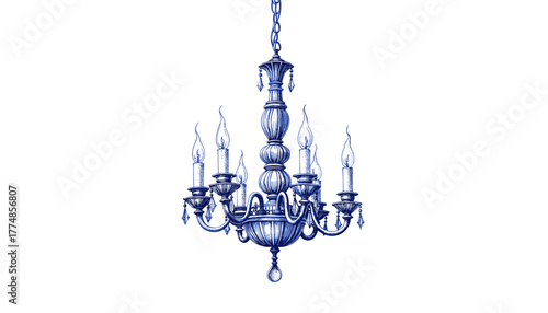 Vintage chandelier design sketched with blue ink on white background  