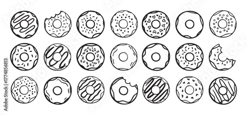 Doodle donuts set. hand drawn outline donut icons. Collection of cute doughnuts. Donut Doodles Sketch of cute donuts.