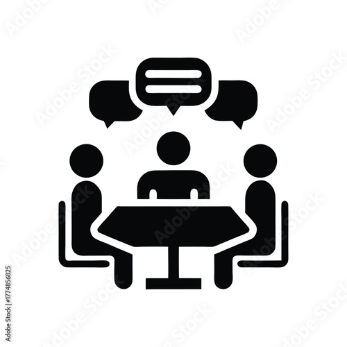 Two people are talking with speech bubbles while seated at a table icon