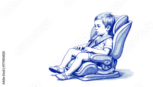 Child sitting comfortably in a car seat sketched with blue ink  