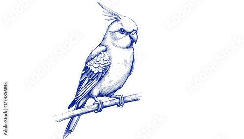 Blue ink sketch of a cockatiel perched on a branch  
