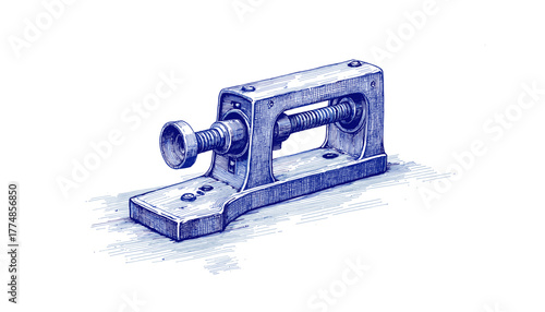 Vintage sketch of a clamp drawn with blue ink on paper  