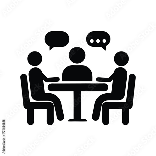 Simple icon represents a discussion between three people seated at a table