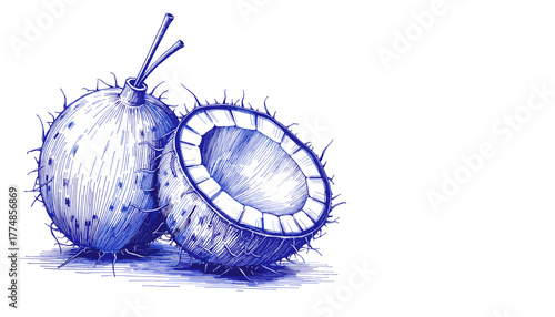 Vintage sketch of coconut in blue ink with detailed texture  