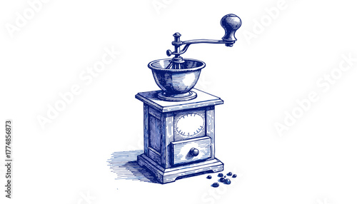 Vintage coffee grinder sketch in blue ink on white background  