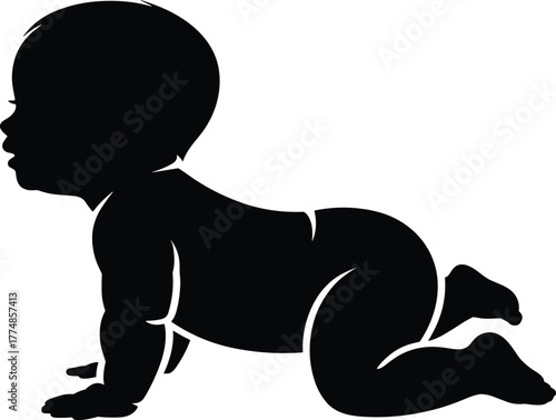 Silhouette of crawling baby, black vector illustration of infant movement, cute newborn child design for parenting, family, love, and childhood concept