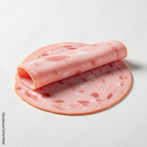 Appetizing pink slices of cured deli ham, perfect for sandwiches, charcuterie boards, or a protein-rich snack, presented on a bright white background, isolated, white, flavor
