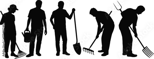 Silhouette of farmers working with rake and shovel, agriculture teamwork, garden maintenance, rural labor, farm equipment, outdoor field work illustration