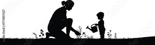 Silhouette of mother and child gardening together, watering plants in nature, family bonding, eco-friendly lifestyle, love, growth, environmental care concept