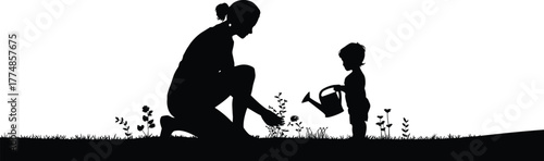 Silhouette of mother teaching child to water plants in garden, family gardening together outdoors, nurturing nature, love, care, environment